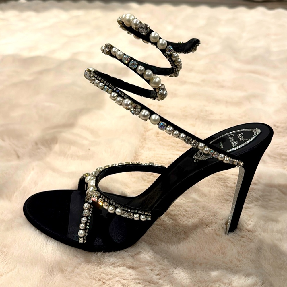 Rene Caovilla wrap sandals with pearls and diamonds .
